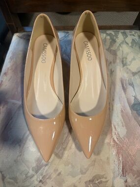 Camssoo Nude Patent Kitten Heels Size 7 Pointed Toe Pumps Classic Neutral